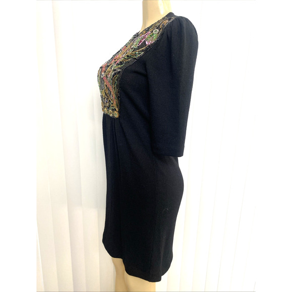 Pat Sandler Wellmore Knit Sweater Dress Black Beaded Embellished 3/4 Sleeve 8 - Picture 3 of 6